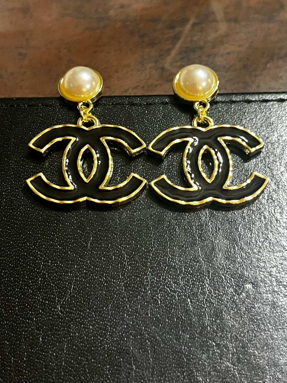 Double C Designer Black Gold Faux Pearl Dangle Earrings